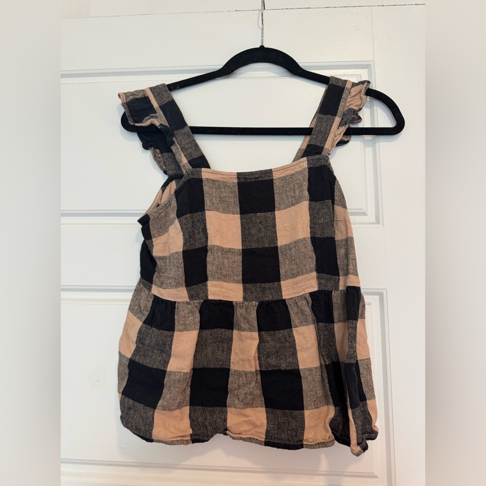 Who What Wear Black and Tan Ruffled Babydoll Top